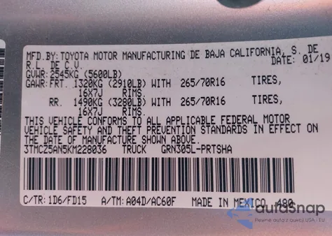 2019 Toyota Tacoma Trd Off Road из США, поврежденный, VIN 3TMCZ5AN5KM228036